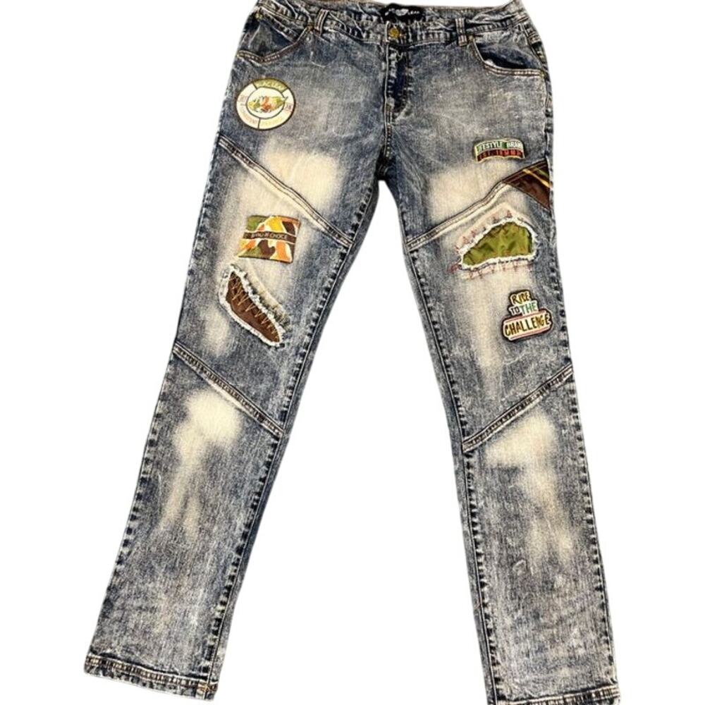 Blac Leaf Jeans Men's 38x34 Acid Wash Patches Distressed Streetwear Slim Denim